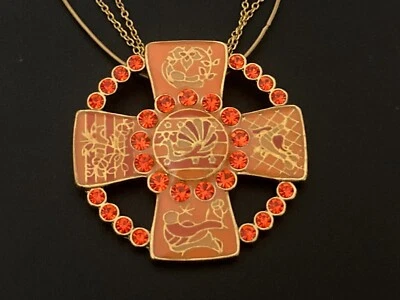PILGRIM Danish Design Cross Pendant 3 Chain Necklace Orange Choker Adjustable - Image 1 of 4