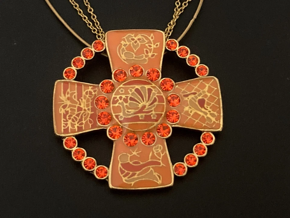 PEREGRINO Diseño Danés Cruz Colgante 3 Cadenas Collar Naranja Gargantilla Ajustable Foto 1 de 4