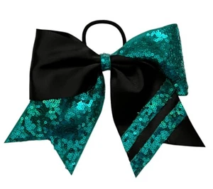 NEW "SEQUIN STRIPES Teal Black" Cheer Bow Pony Tail Hair Bows Cheerleading Dance - Picture 1 of 1