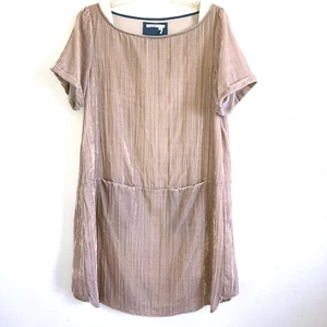 FLOREAT ANTHROPOLOGIE sz L Short Sleeve Crinkle Crushed Velvet Dress Neutral - Picture 1 of 6