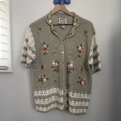 VTG Large Short Sleeve Cardigan Embroidered Floral Green Crochet Boho Grannycore - Image 1 of 4