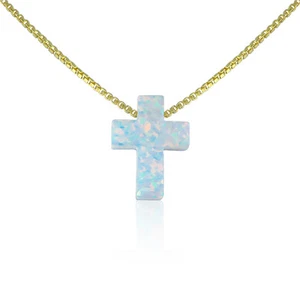 Cross Necklace, White Opal, 9 Lengths, Sterling Silver, Gold-filled, Waterproof - Picture 1 of 3