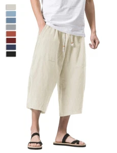 Men's Linen Harem Shorts Baggy 3/4 Capri Yoga Pants Deep Pocket Loose Fit Shorts - Picture 1 of 72