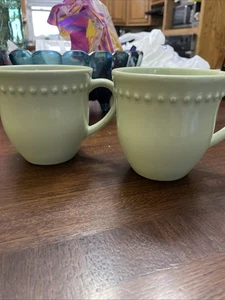 Pottery Barn Emma Coffee Mug Green Celadon Beaded Rim 12 oz Portugal 2x - Picture 1 of 5