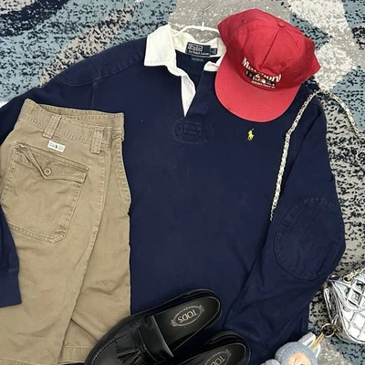 Polo Ralph Lauren Vintage Rugby Shirt L Navy And White Grandpa Style - Image 1 of 4