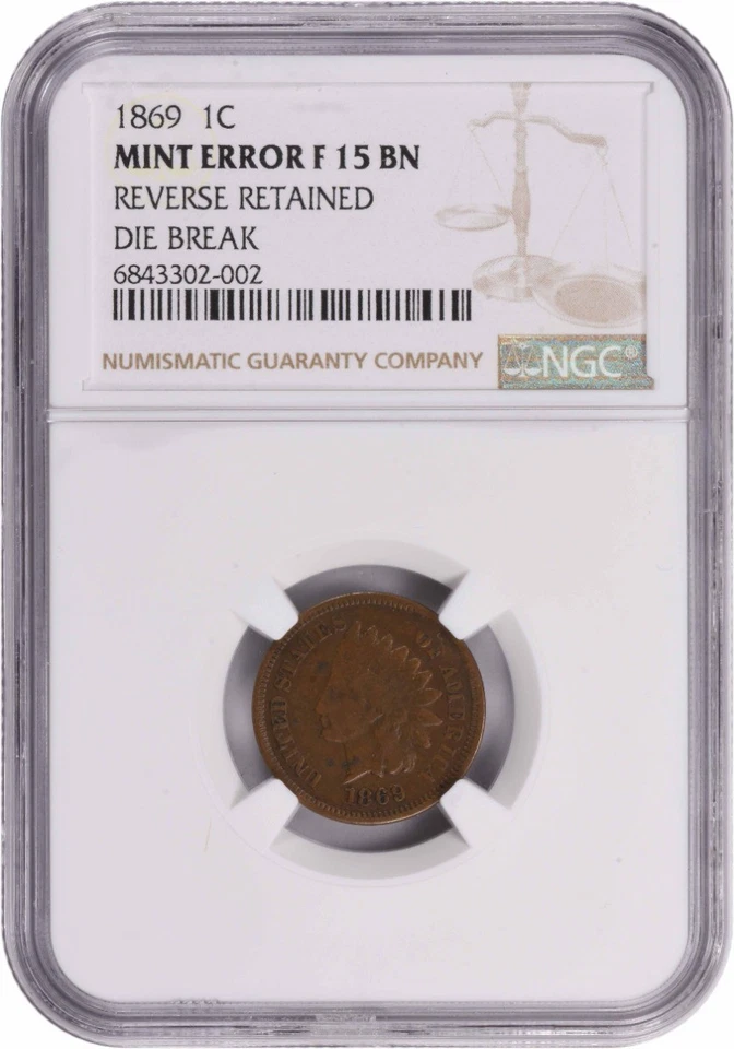 1869 Indian Cent Mint Error Reverse Retained Die Break F15BN NGC - Image 1 of 2