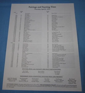 Pairings and Start Time Sheet ~ Masters Golf Tournament ~ Thursday April 8, 1993 - Picture 1 of 3