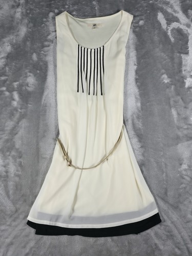 OFF WHITE Abito smanicato Ya Los Angeles bianco sporco panna nero grande svasato righe cintura