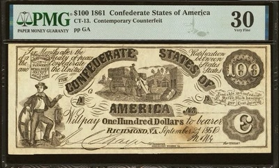 CT-13 $100 1861 Confederate States Civil War Contemporary Counterfeit Note, PMG - Image 1 of 4