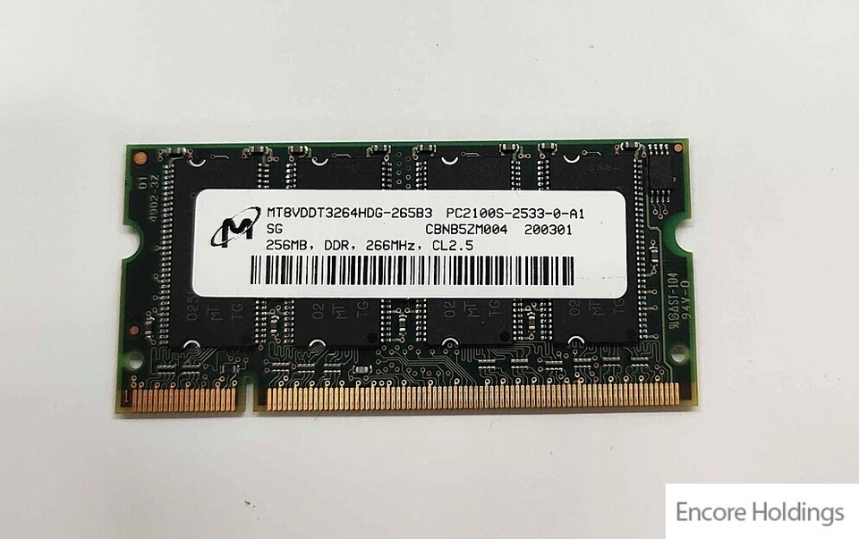Micron 256 MB Memory Module - DDR - 266 MHz - SODIMM - MT8VDDT3264HDG-265B3 - Image 1 of 1