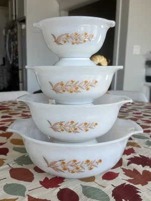 Vintage Glasbake Jewel Tea Autumn Leaf  Mixing Bowl 4 Set w Cinderella Handles - Image 1 of 4