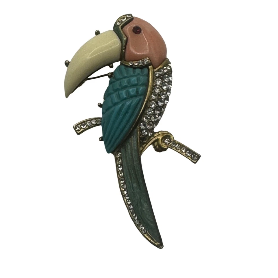 Unsigned Hattie Carnegie Brooch Enamel Rhinestone Brooch Bird Toucan Pin - Image 1 of 4