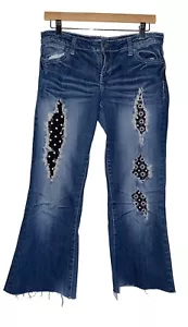 ZCO Distressed Crop Embellished Leg Print Pull On Denim Jeans Junior Women 11 - Picture 1 of 9