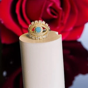 Gold Plated 925 Sterling Evil Eye Ring Turquoise Crystal Adjustable Boho Jewelry - Picture 1 of 5