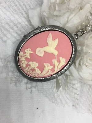 Valentines Day Wife Mom SILVER Photo Cameo Pink Hummingbird Bird Locket Necklace - Image 1 of 4