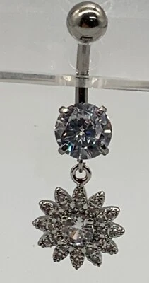 belly button rings with sunflower dangle charm and clear cz stones - Image 1 of 4