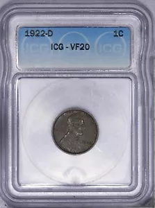 1922-D Lincoln Wheat Cent 1c ICG VF20 - Picture 1 of 2