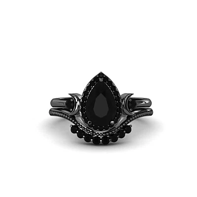 Black Onyx Engagement Ring Set-Crescent Moon Curved Wedding  Anniversary Gift - Изображение 1 из 4