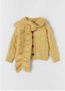 New Zara Girls Yellow Chunky Knit Cardigan Sweater with Matching Scarf SZ 13-14 - Picture 1 of 9