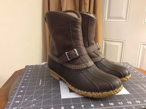 LL Bean BOOTS Buckle Strap Fleece Lined Brown Leather Pull On Men's Sz 7M USA - Picture 1 of 10