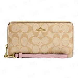 NWT Coach Long Zip Around Wallet In Signature Canvas Light Khaki Power Pink - Picture 1 of 7