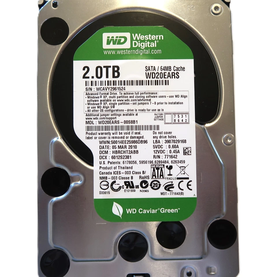 WD WD20EARS-00S8B1 DCM: HBRCHT2ABB (WCAV) Thailand 3.5" 2TB Sata HDD 03/2010 - Image 1 of 1