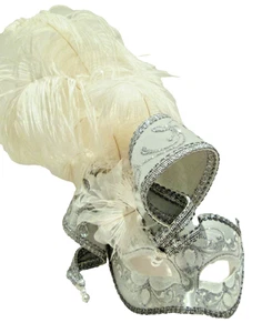 MAR 20 HANDMADE IN ITALY, PAPIER MACHE, WHITE OSTRICH FEATHERS/SILVER FACE. - Picture 1 of 4