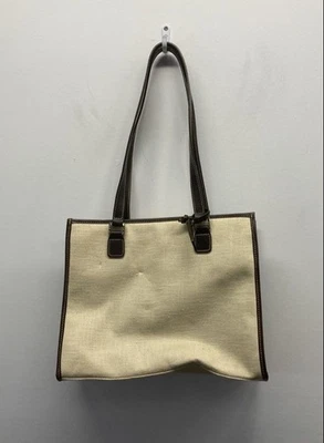 Bolsa de ombro vintage Y2K Liz Claiborne bege lona marrom acabamento - Imagem 1 de 4