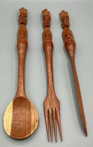 VTG Hand Carved Salad Servers, African, Carved Handles, 3 Pc Set Kitchen Decor - Picture 1 of 8