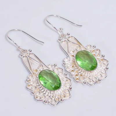 Peridot Gemstone Vintage Handmade 925 Sterling Silver Earrings 2.1" KE-445 y101 - Image 1 of 4