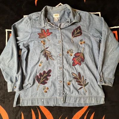 Camisa Denim Talbots Vintage Grande Hecha en Hong Kong Hojas Bordadas Abotonadas Foto 1 de 4
