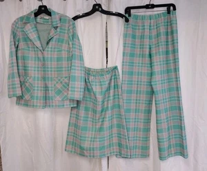 70s 3 Piece Polyester Pastel Plaid Marty Gutmacher Flare Leg Suit Skirt TLC S/M - Picture 1 of 24