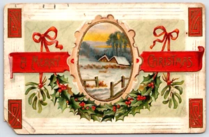 Postcard A Merry Christmas Holly Mistletoe Series 1041 House Inset Embossed - Foto 1 di 2