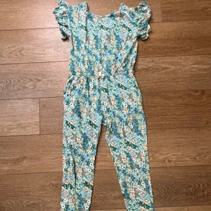 Tea Collection Girls Floral Jumpsuit, Size 14, Ruffle Sleeve, Green, Cotton - Picture 1 of 10