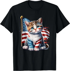Memorial Day, 4th of July patriotic usa flag cat T-Shirt - Picture 1 of 5