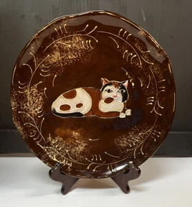 Collectible Ceramic Cat Plate Dish With Stand Brown Hand Painted - Picture 1 of 3