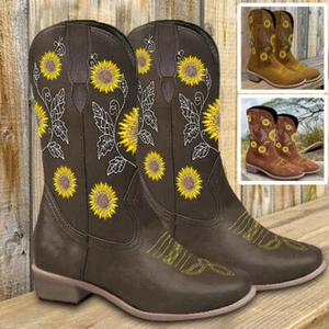 Frauen Retro Pointed Toe Cowgirl Cowboy Stiefel Vintage Mid Calf Western SchuheY - Bild 1 von 5