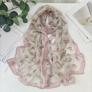 Women Long Floral Silk Blend Pashmina Scarf Wrap Shawl Sunscreen Scarves Gift _A