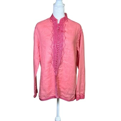 Maison Du Caftan Coral Pink Linen Tunic Long Sleeve Top Embroidered Fits US M/L - Image 1 of 4