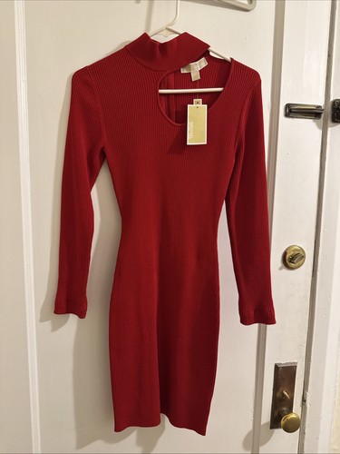 Abito Michael Kors a costine elasticizzato ritaglio viscosa cremisi nuovo con etichette