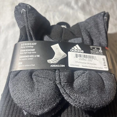 6 Pairs ADIDAS YOUTH CUSHIONED AEROReady crew BLACK SOCKS SHOE SZ 3Y-9 LARGE - Image 1 of 4