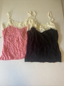 Neu mit Etikett 2-Y2K Vintage Camisole Tanktop Lg rosa und schwarz Spitze Boho geknittert - Bild 1 von 13