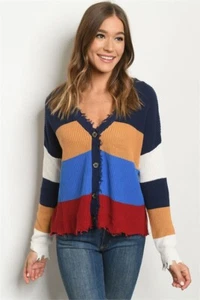 Multi Color Colorblock Distressed Knit Sweater Size Small Long Sleeve Fringe - Picture 1 of 2
