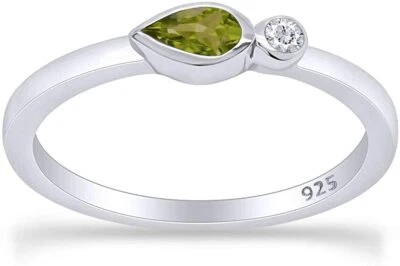 Simulated Peridot & Diamond Bezel-Set Stacking Band Ring 14k White Gold Plated - Image 1 of 4