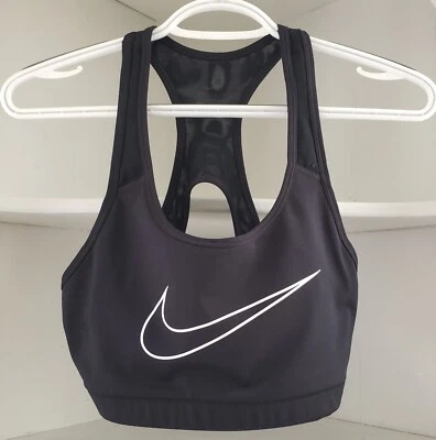 Nike Logo Sports Bra Size L Black Dri Fit Support Mesh Racer Back Keyhole Detail - Image 1 of 4