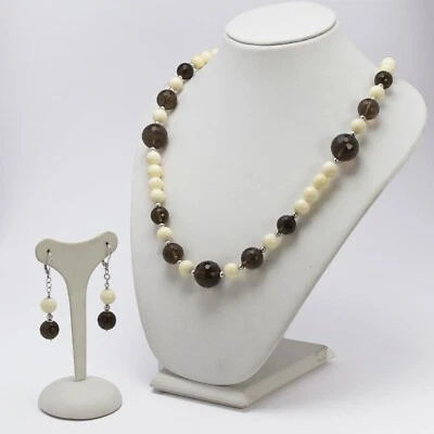 PARURE COLLANA E ORECCHINI IN ARGENTO 925 CON QUARZO FUME' E OSSO AGFR 022 - Immagine 1 di 4