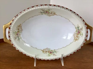 F & B Japan Oval Serving Bowl ~ Red Rim Multicolored Florals Gold Trim 11 5/8” - Picture 1 of 10
