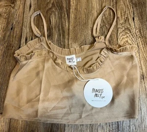 Princess Polly Levi Crop Top Ruffle Trim Tank Top Shirt Beige Size 4 NEW - Picture 1 of 3
