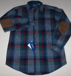 NWT Pendleton BLUE/WINE/GREEN PLAID Shirt 100% Virgin Wool M Tan ELBOW PATCHES - Picture 1 of 5