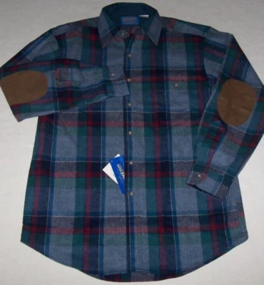 NWT Pendleton BLUE/WINE/GREEN PLAID Shirt 100% Virgin Wool M Tan ELBOW PATCHES - Image 1 of 4